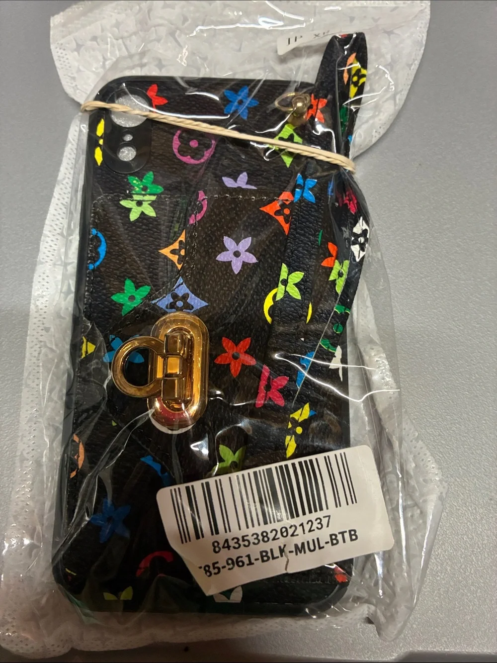 iPhone XR Black Phone Case with Multicolor Floral Print & Gold Hardware